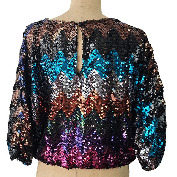 VTG Joy Stevens multi sequin chevron dolman top blouse evening bling Small - Picture 3 of 8